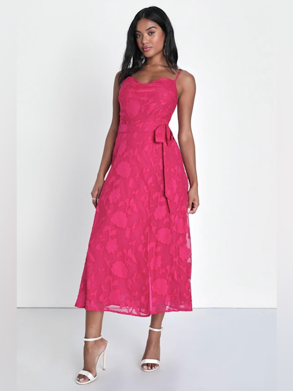 LULUS Dreamy Event Magenta Burnout Floral Faux Wrap Midi Dress Size XS